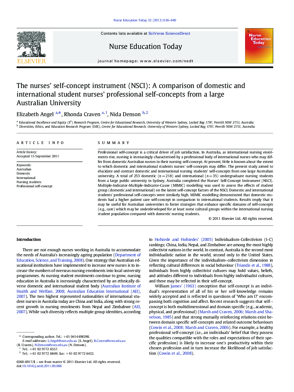 The nurses' self-concept instrument (NSCI): A comparison of domestic and international student nurses' professional self-concepts from a large Australian University