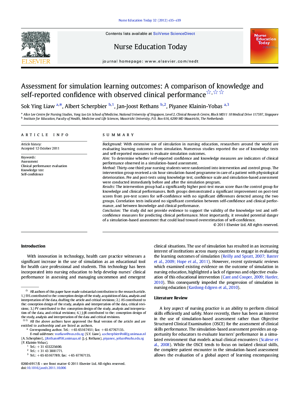 Assessment for simulation learning outcomes: A comparison of knowledge and self-reported confidence with observed clinical performance 