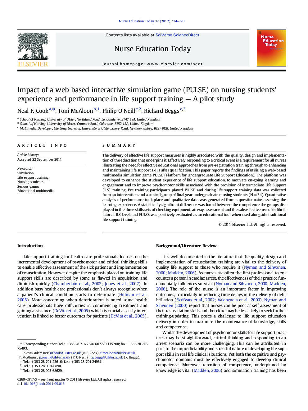 Impact of a web based interactive simulation game (PULSE) on nursing students' experience and performance in life support training — A pilot study