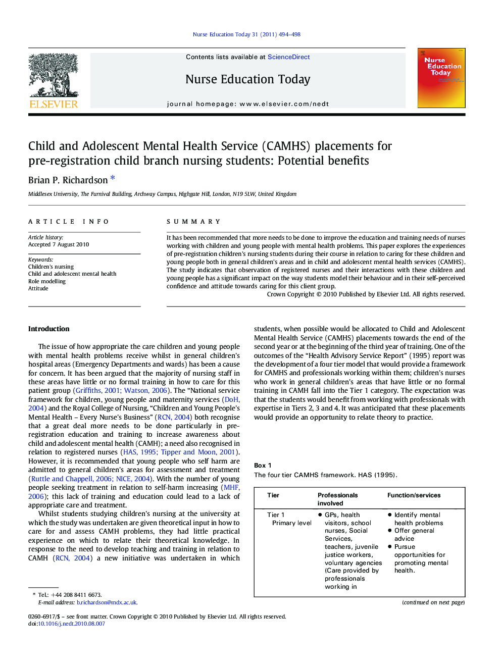 Child and Adolescent Mental Health Service (CAMHS) placements for pre-registration child branch nursing students: Potential benefits