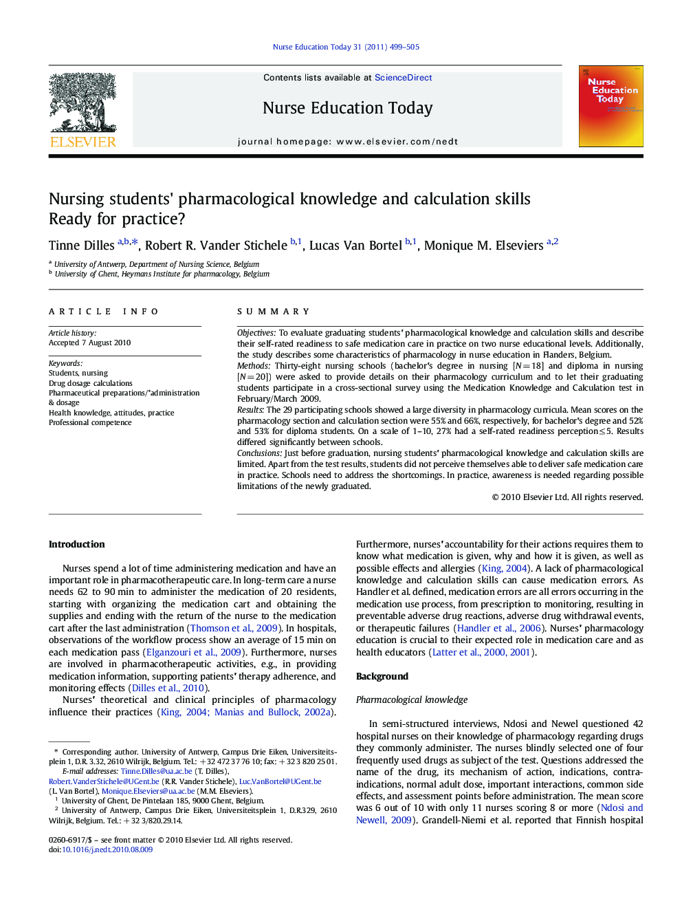 Nursing students' pharmacological knowledge and calculation skills: Ready for practice?