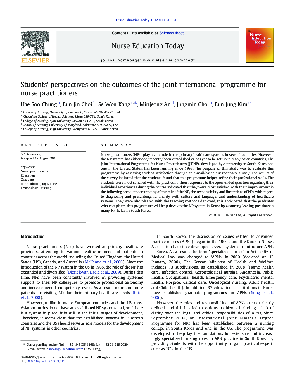 Students' perspectives on the outcomes of the joint international programme for nurse practitioners