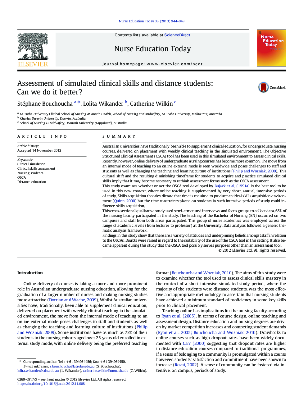 Assessment of simulated clinical skills and distance students: Can we do it better?