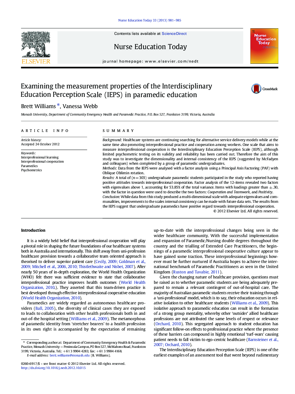 Examining the measurement properties of the Interdisciplinary Education Perception Scale (IEPS) in paramedic education