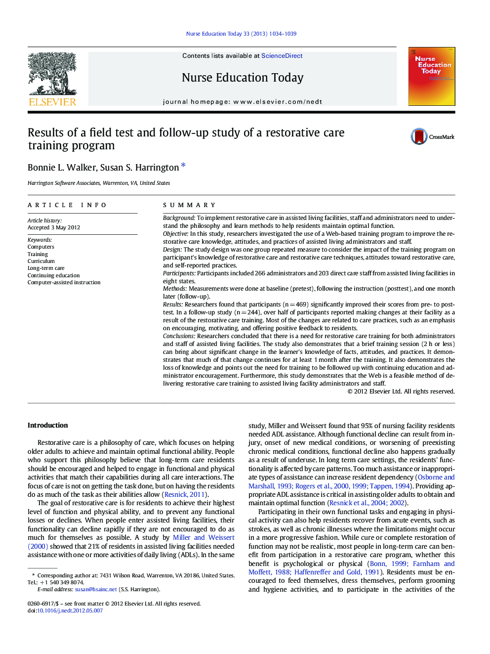 Results of a field test and follow-up study of a restorative care training program