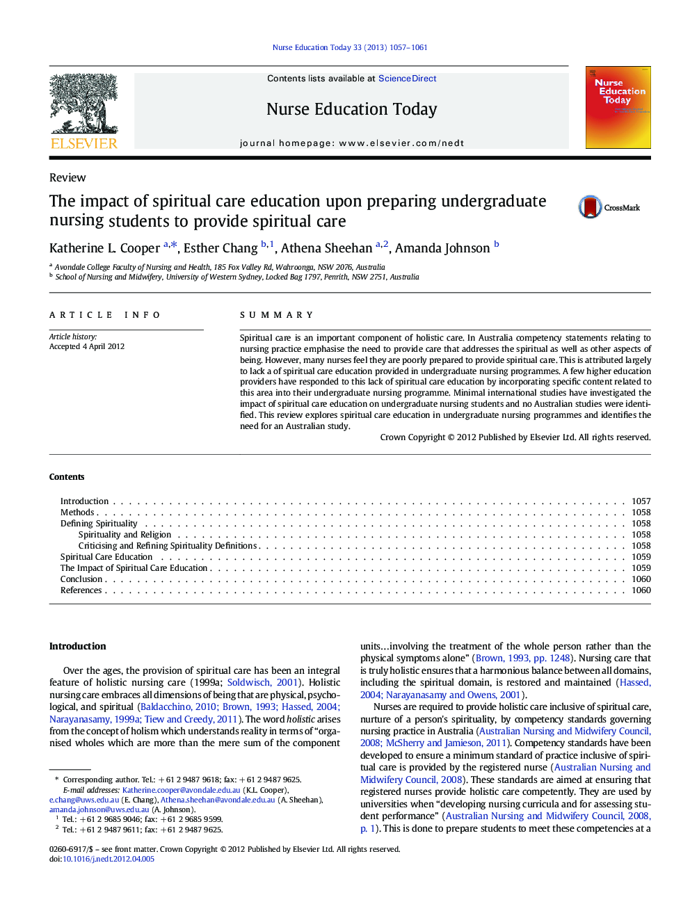 عکس صفحه اول مقاله: The impact of spiritual care education upon preparing undergraduate nursing students to provide spiritual care The impact of spiritual care education upon preparing undergraduate nursing students to provide spiritual care