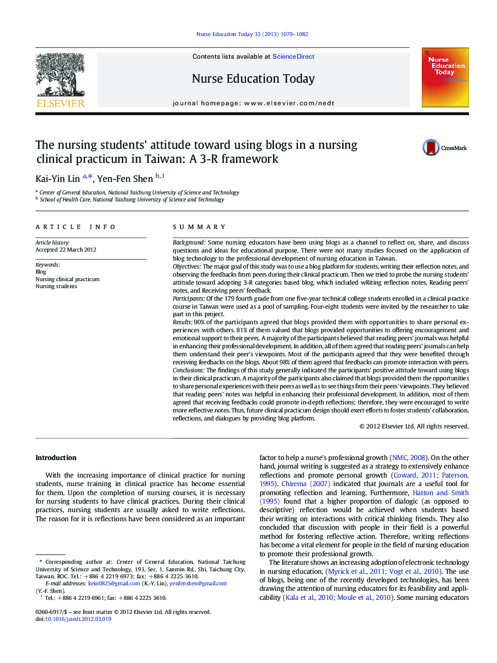 The nursing students’ attitude toward using blogs in a nursing clinical practicum in Taiwan: A 3-R framework