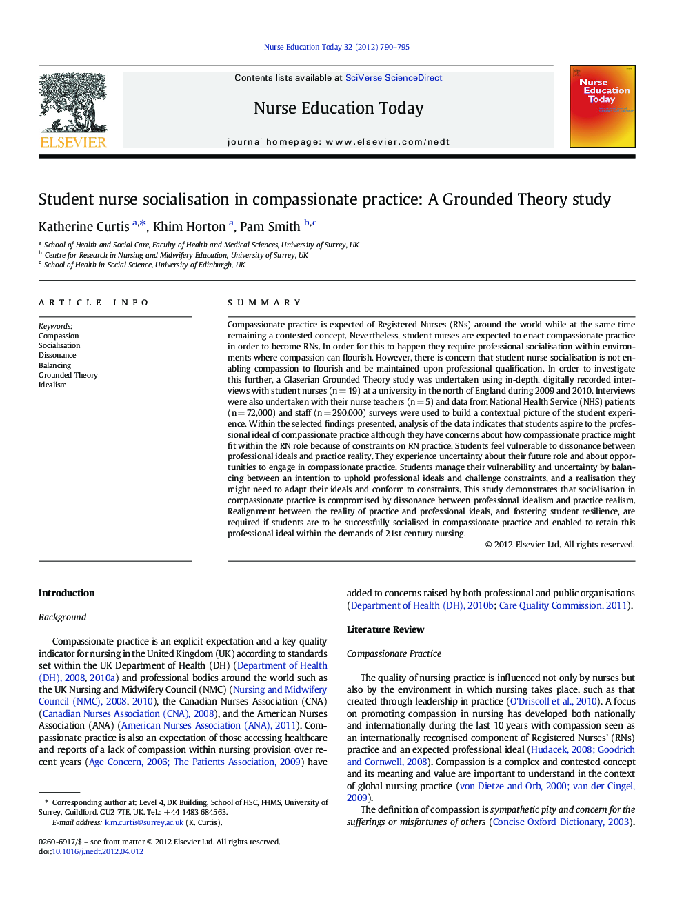 Student nurse socialisation in compassionate practice: A Grounded Theory study