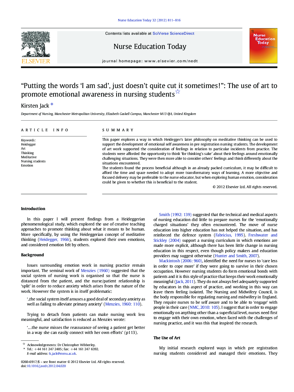 “Putting the words ‘I am sad’, just doesn't quite cut it sometimes!”: The use of art to promote emotional awareness in nursing students 