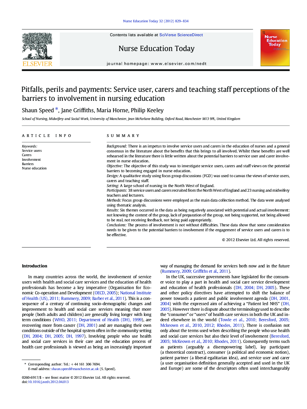 Pitfalls, perils and payments: Service user, carers and teaching staff perceptions of the barriers to involvement in nursing education