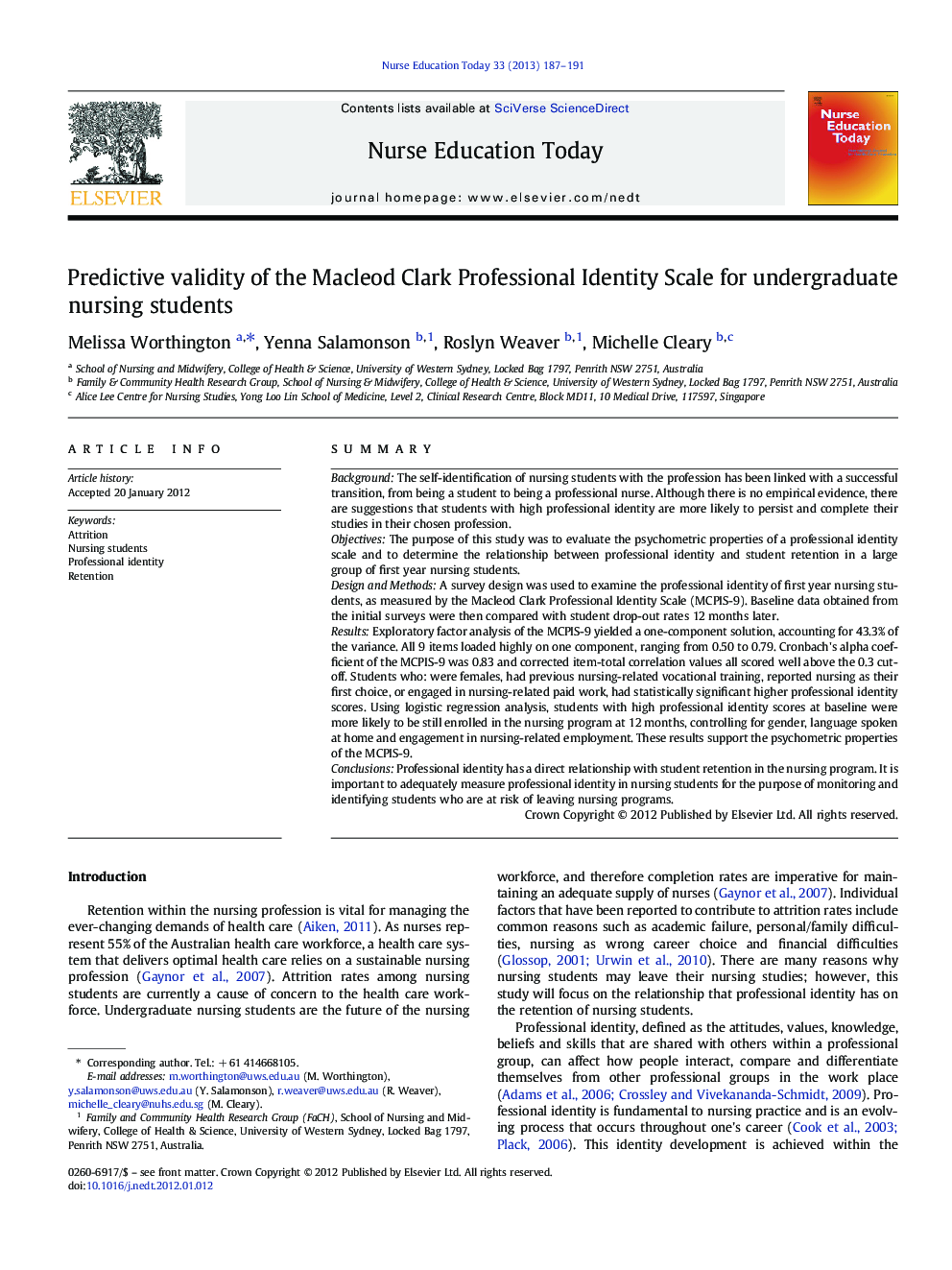 Predictive validity of the Macleod Clark Professional Identity Scale for undergraduate nursing students