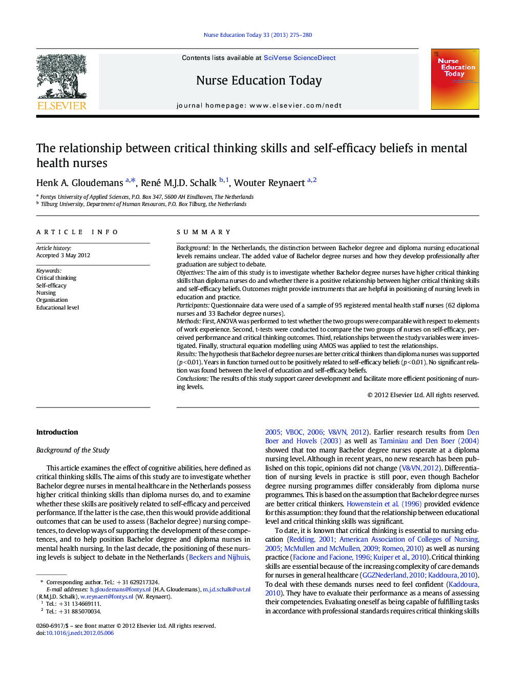 The relationship between critical thinking skills and self-efficacy beliefs in mental health nurses