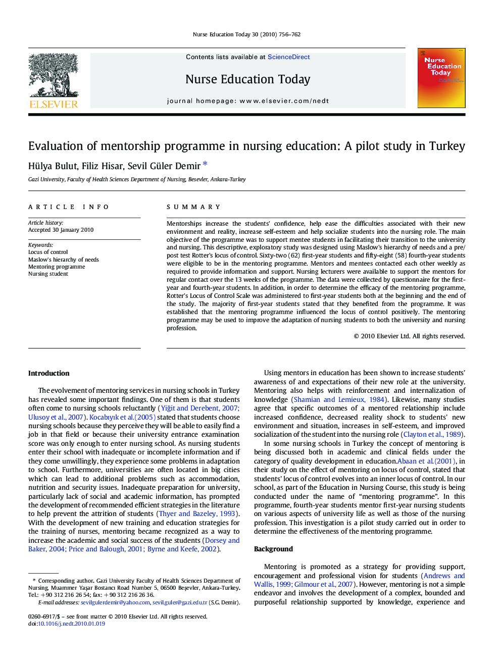 Evaluation of mentorship programme in nursing education: A pilot study in Turkey