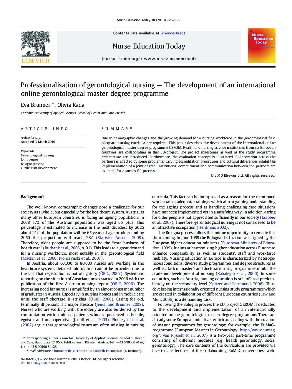 Professionalisation of gerontological nursing — The development of an international online gerontological master degree programme