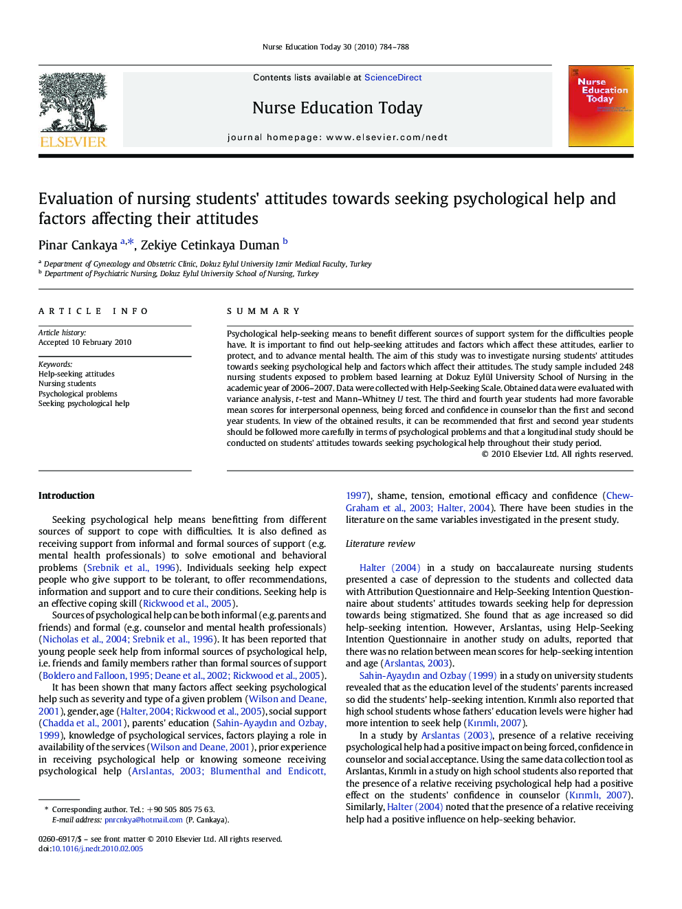 Evaluation of nursing students' attitudes towards seeking psychological help and factors affecting their attitudes