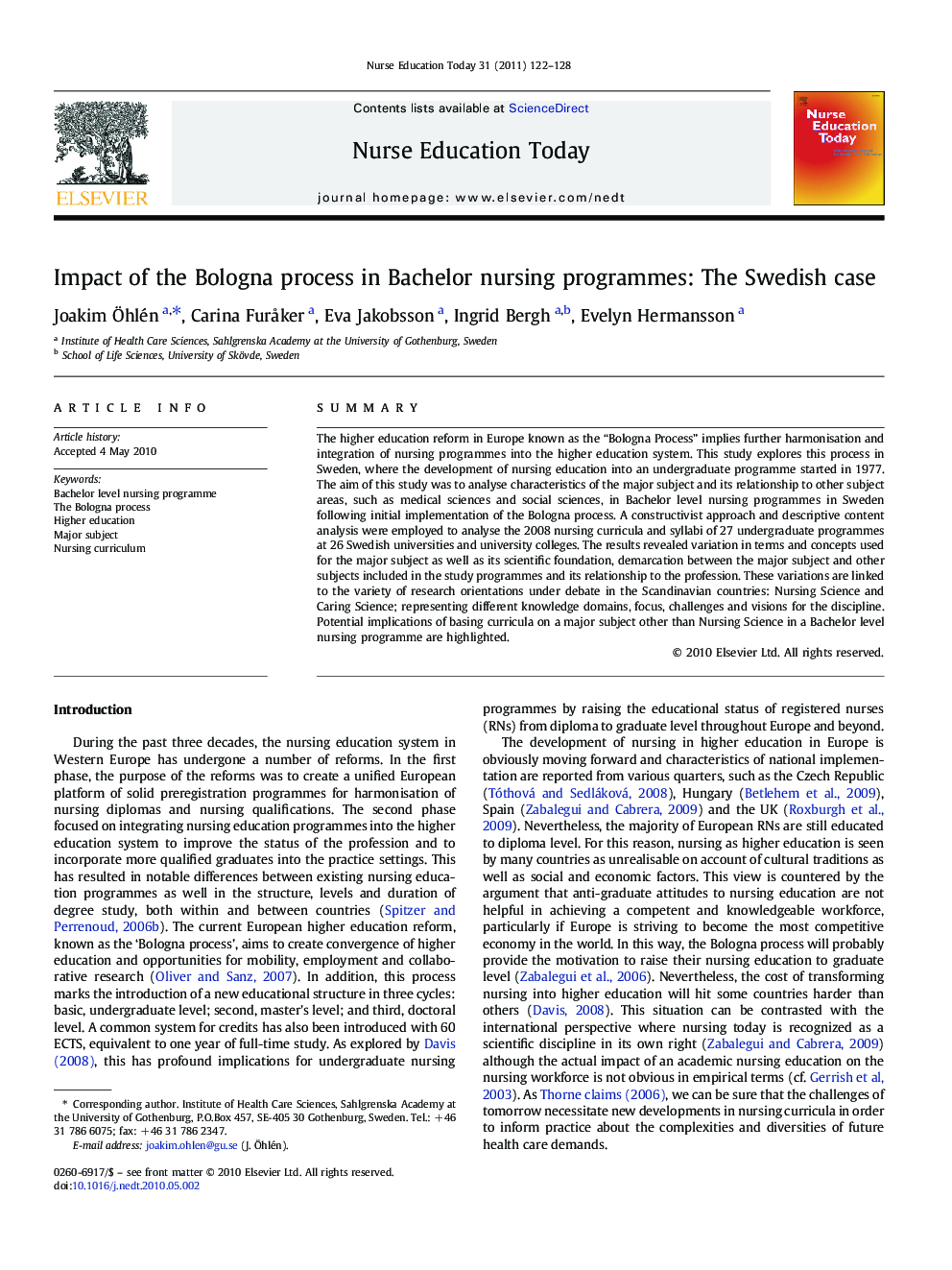 Impact of the Bologna process in Bachelor nursing programmes: The Swedish case