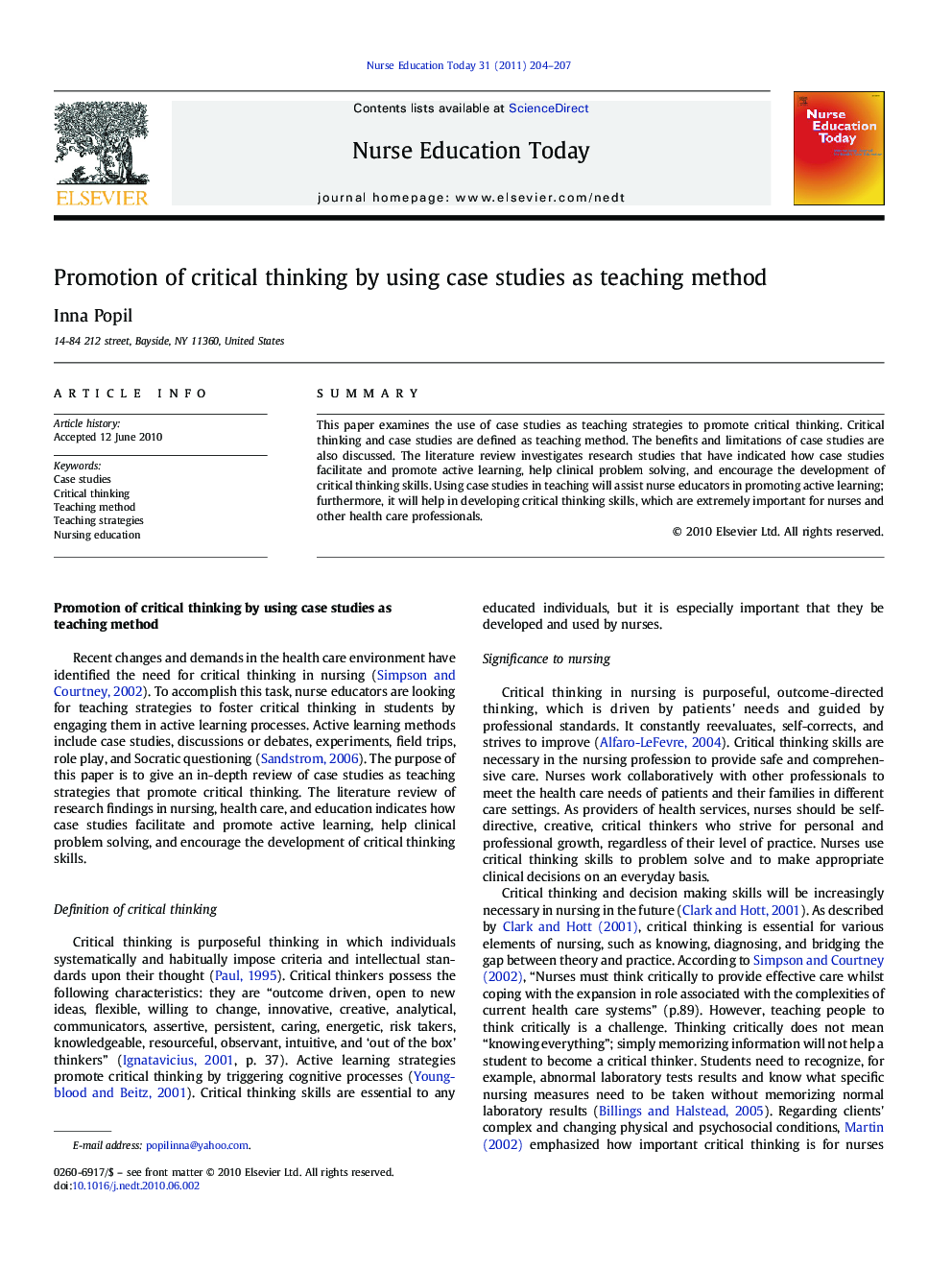 Promotion of critical thinking by using case studies as teaching method