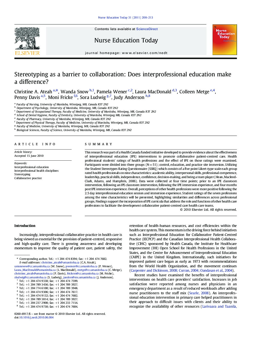 Stereotyping as a barrier to collaboration: Does interprofessional education make a difference?