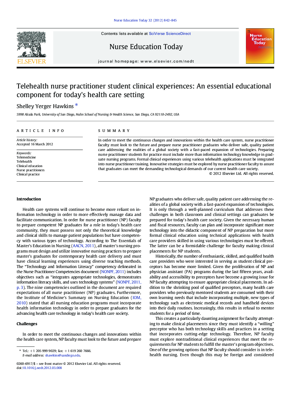 Telehealth nurse practitioner student clinical experiences: An essential educational component for today's health care setting