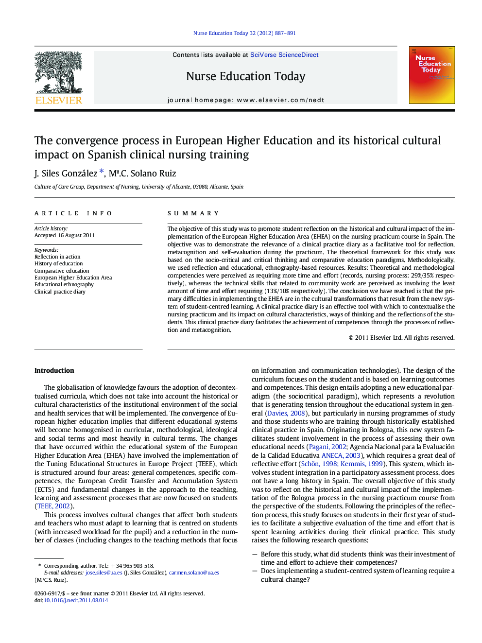 The convergence process in European Higher Education and its historical cultural impact on Spanish clinical nursing training