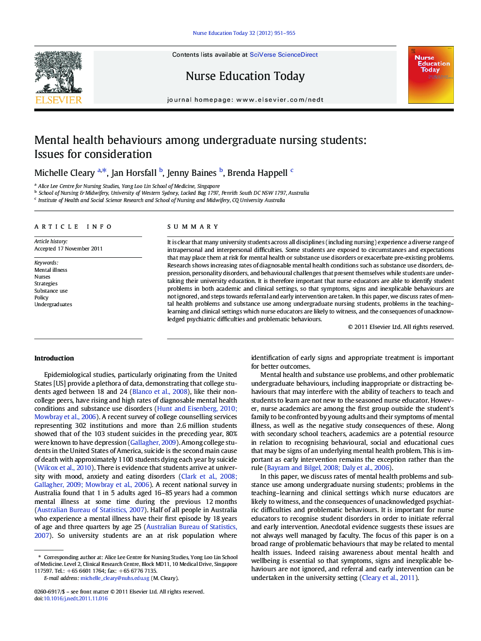 Mental health behaviours among undergraduate nursing students: Issues for consideration