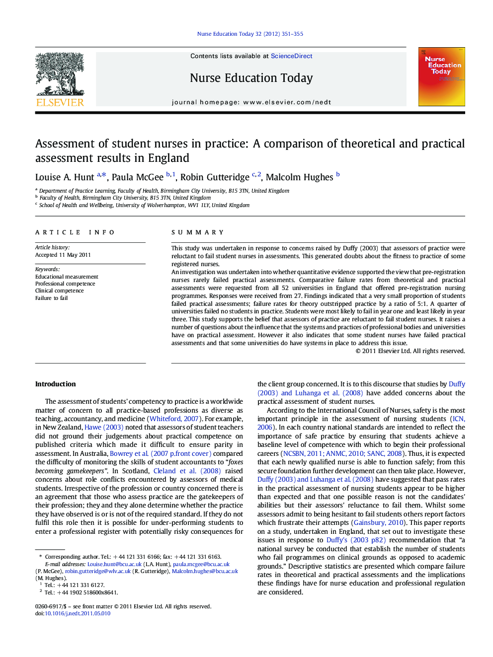 Assessment of student nurses in practice: A comparison of theoretical and practical assessment results in England