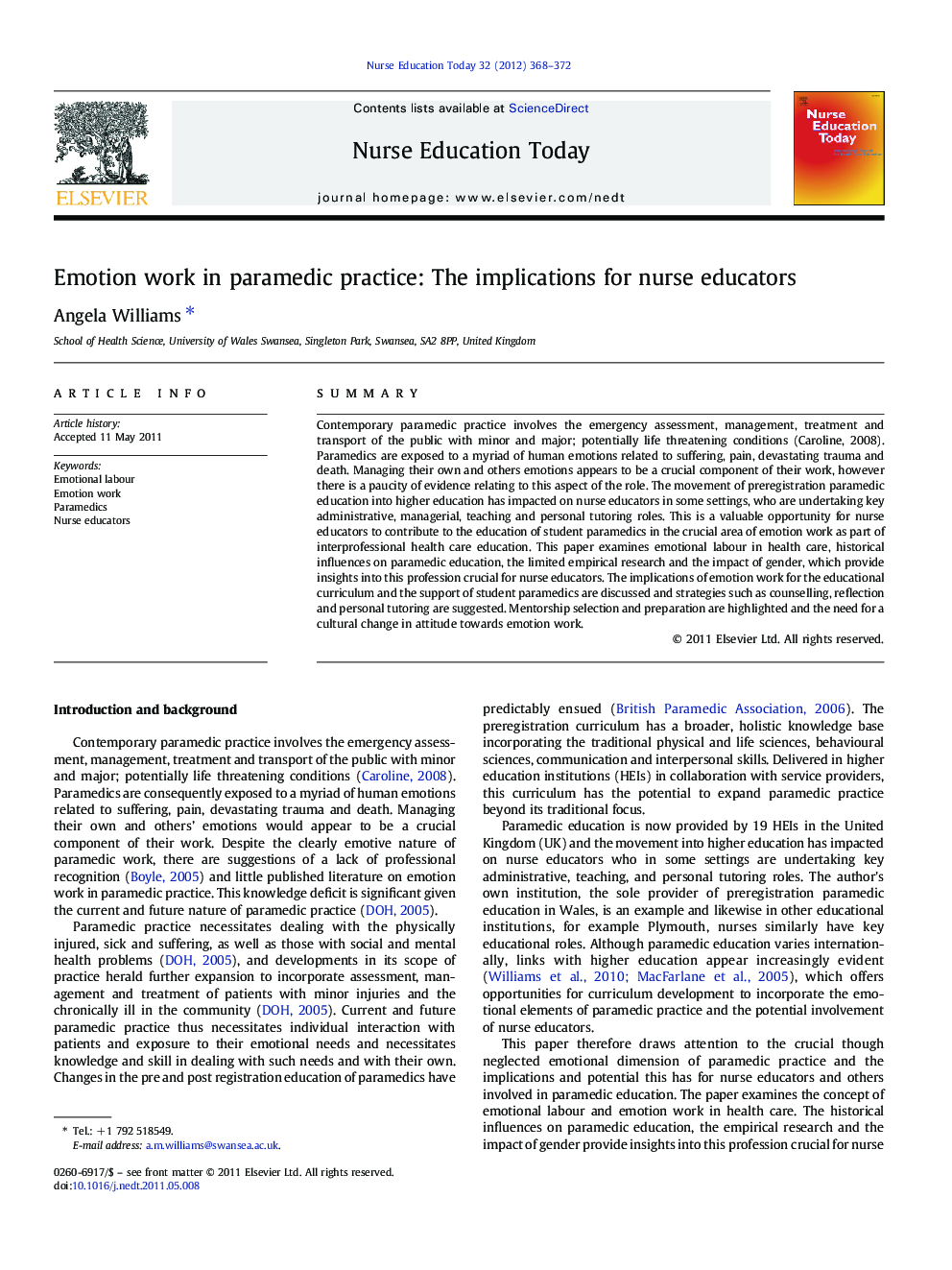 Emotion work in paramedic practice: The implications for nurse educators