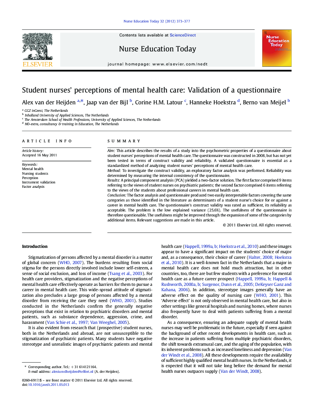 Student nurses' perceptions of mental health care: Validation of a questionnaire