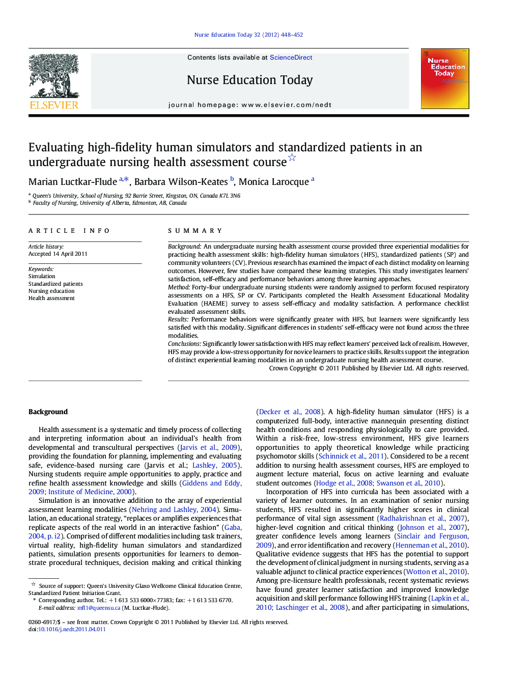 Evaluating high-fidelity human simulators and standardized patients in an undergraduate nursing health assessment course 