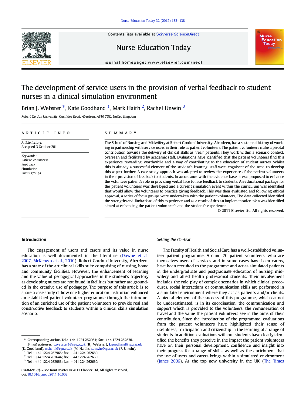 The development of service users in the provision of verbal feedback to student nurses in a clinical simulation environment