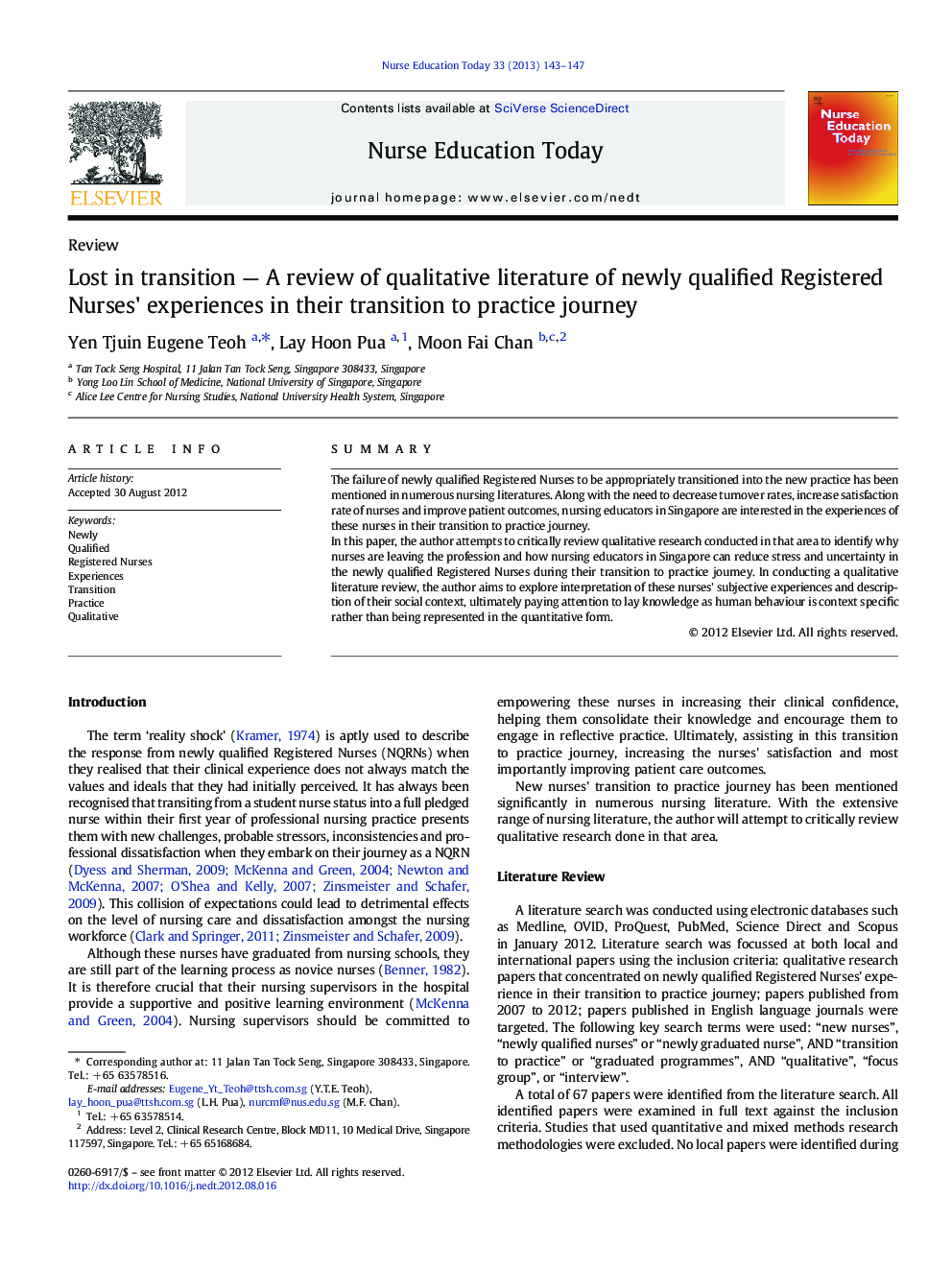 Lost in transition — A review of qualitative literature of newly qualified Registered Nurses' experiences in their transition to practice journey