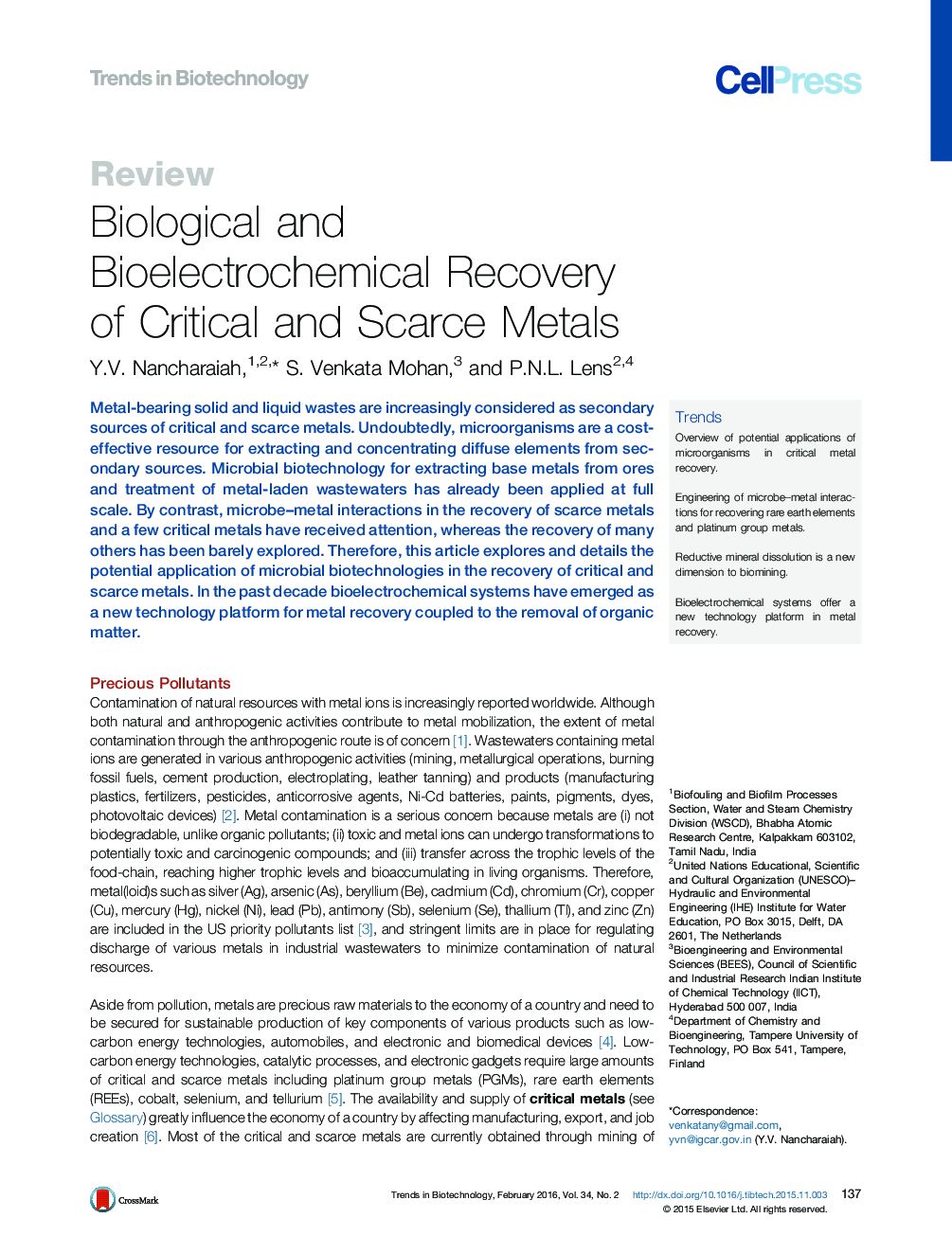 Biological and Bioelectrochemical Recovery of Critical and Scarce Metals