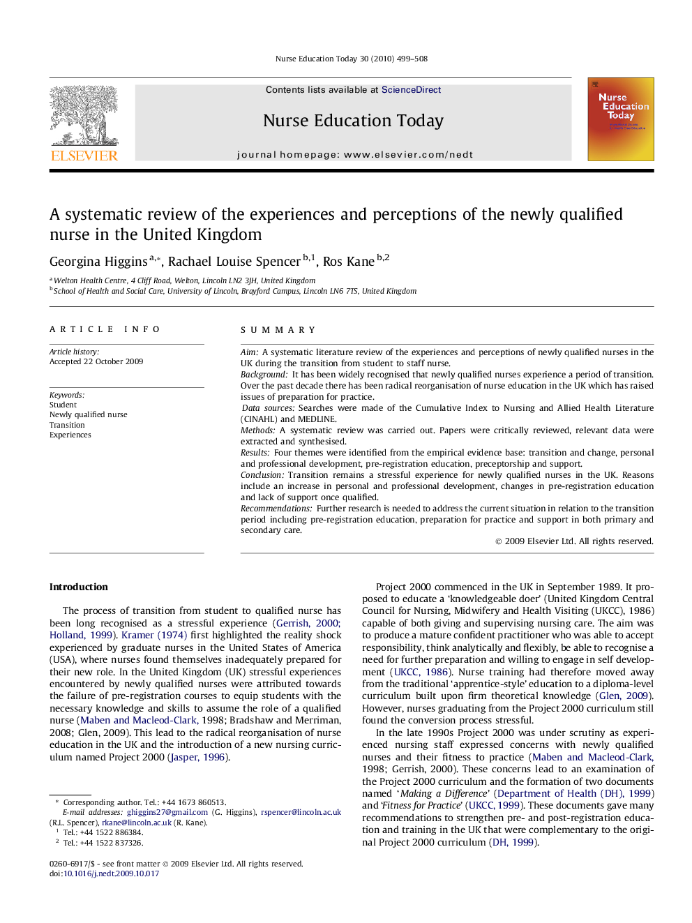 A systematic review of the experiences and perceptions of the newly qualified nurse in the United Kingdom