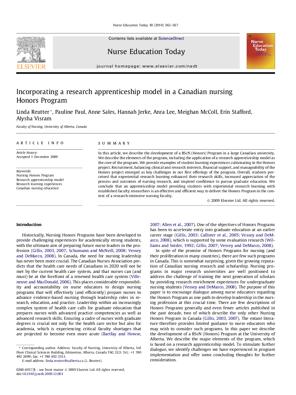 Incorporating a research apprenticeship model in a Canadian nursing Honors Program