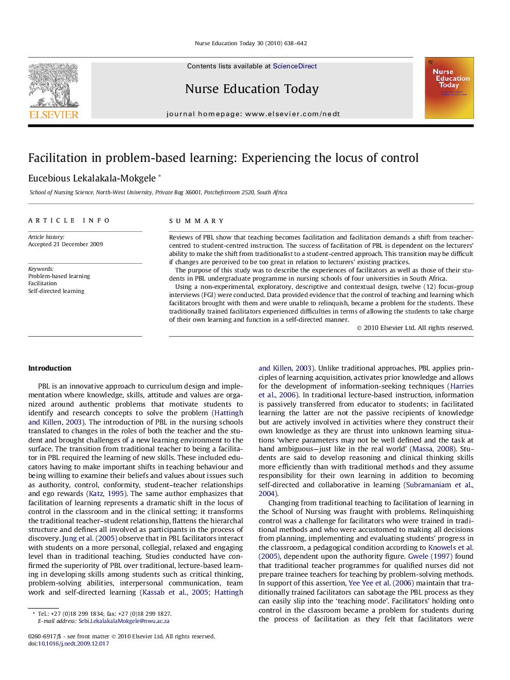 Facilitation in problem-based learning: Experiencing the locus of control