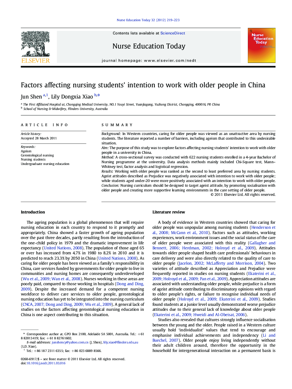 Factors affecting nursing students' intention to work with older people in China