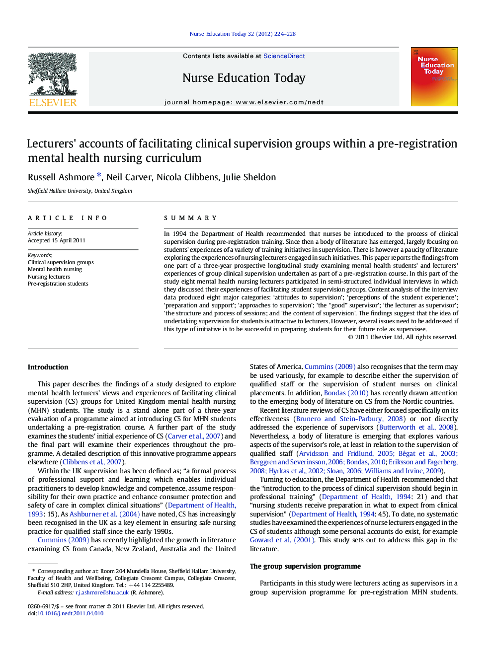 Lecturers' accounts of facilitating clinical supervision groups within a pre-registration mental health nursing curriculum