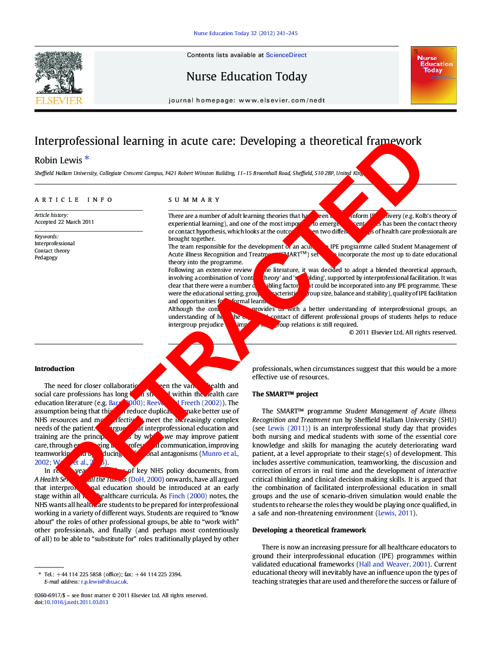 RETRACTED: Interprofessional learning in acute care: Developing a theoretical framework