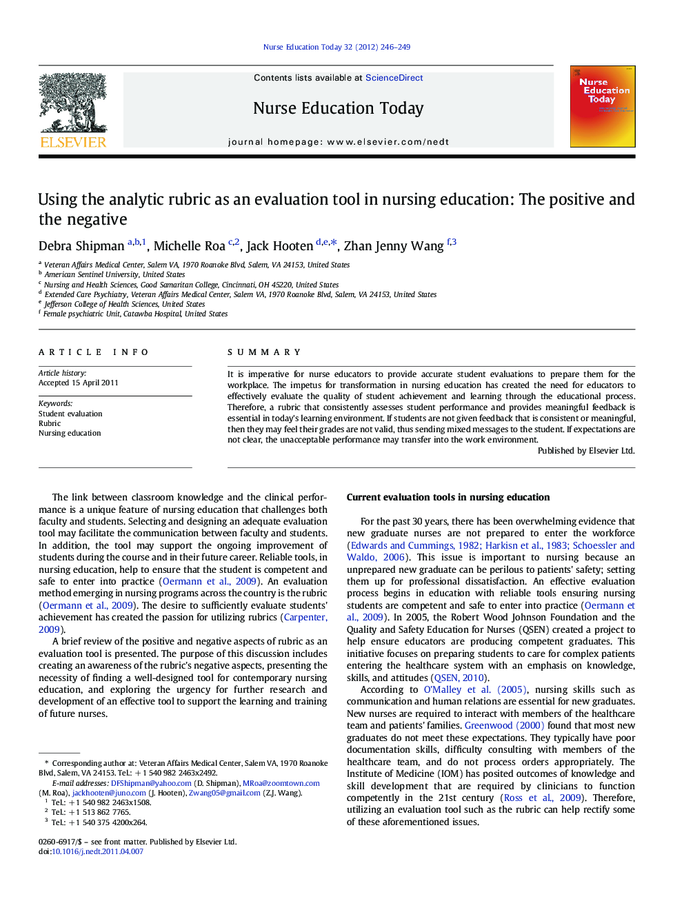 Using the analytic rubric as an evaluation tool in nursing education: The positive and the negative