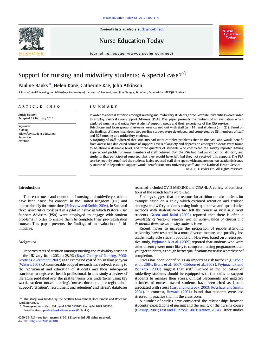 عکس صفحه اول مقاله: Support for nursing and midwifery students: A special case? Support for nursing and midwifery students: A special case?