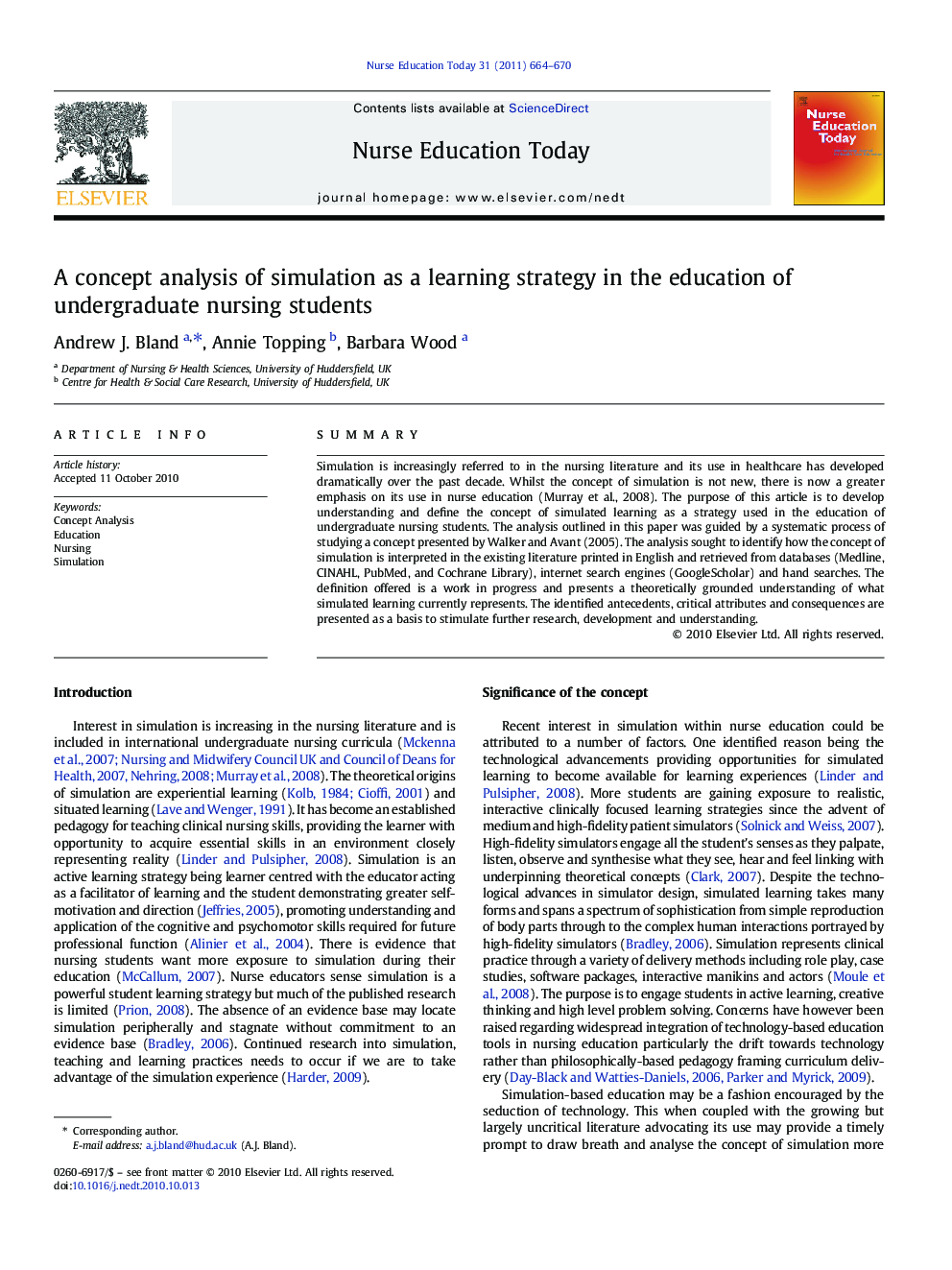 A concept analysis of simulation as a learning strategy in the education of undergraduate nursing students