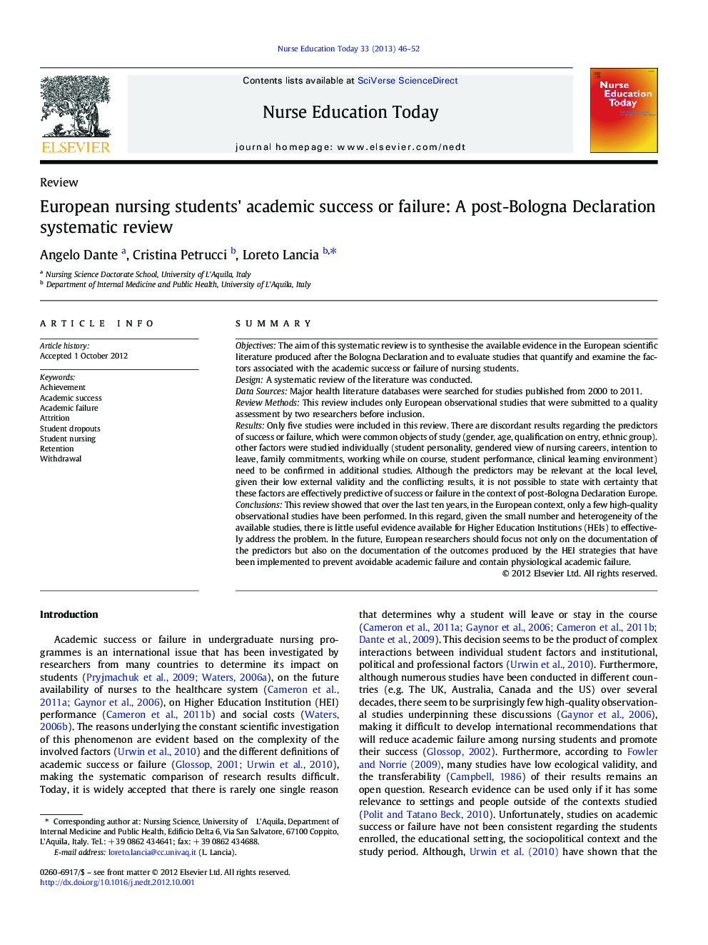 European nursing students' academic success or failure: A post-Bologna Declaration systematic review