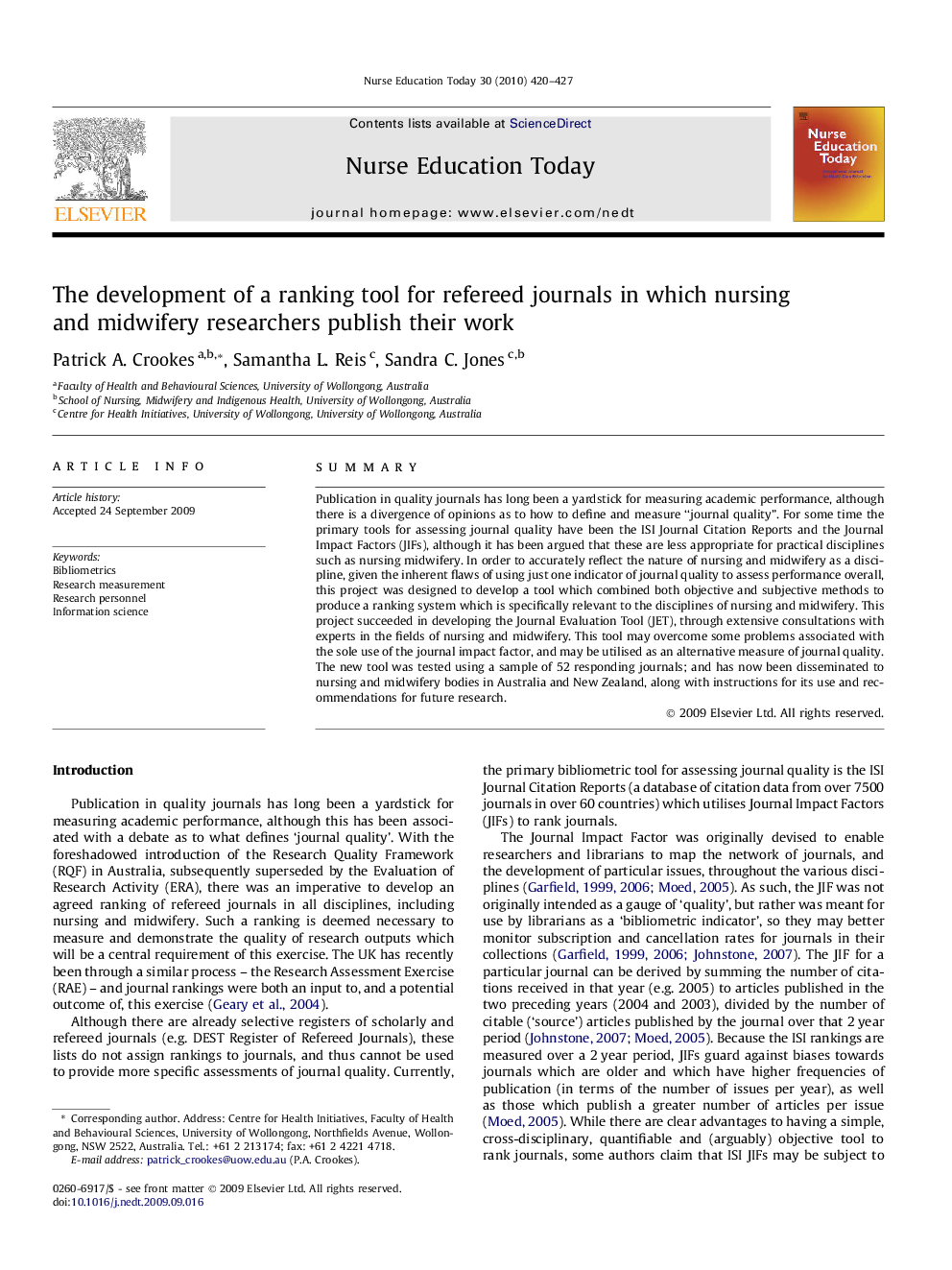 The development of a ranking tool for refereed journals in which nursing and midwifery researchers publish their work