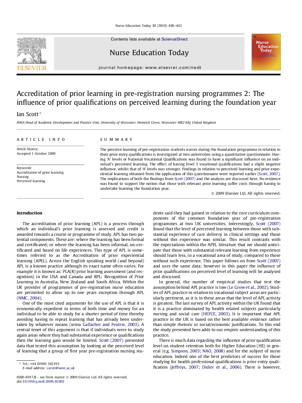 Accreditation of prior learning in pre-registration nursing programmes 2: The influence of prior qualifications on perceived learning during the foundation year