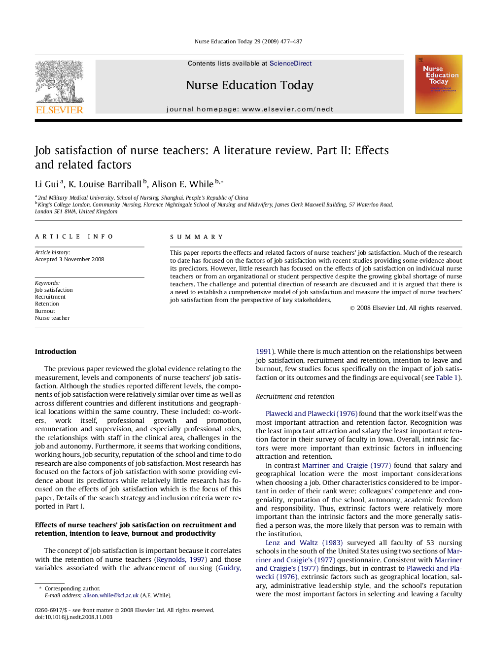 Job satisfaction of nurse teachers: A literature review. Part II: Effects and related factors