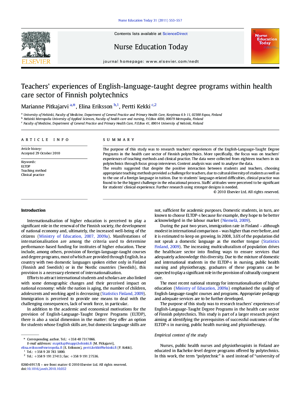 Teachers' experiences of English-language-taught degree programs within health care sector of Finnish polytechnics