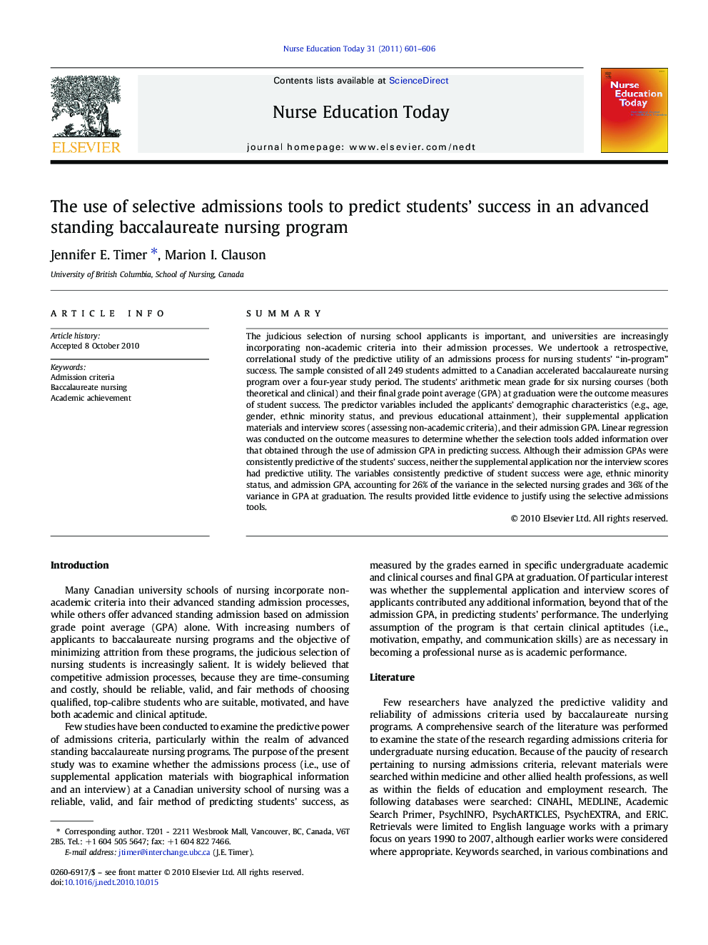 The use of selective admissions tools to predict students’ success in an advanced standing baccalaureate nursing program