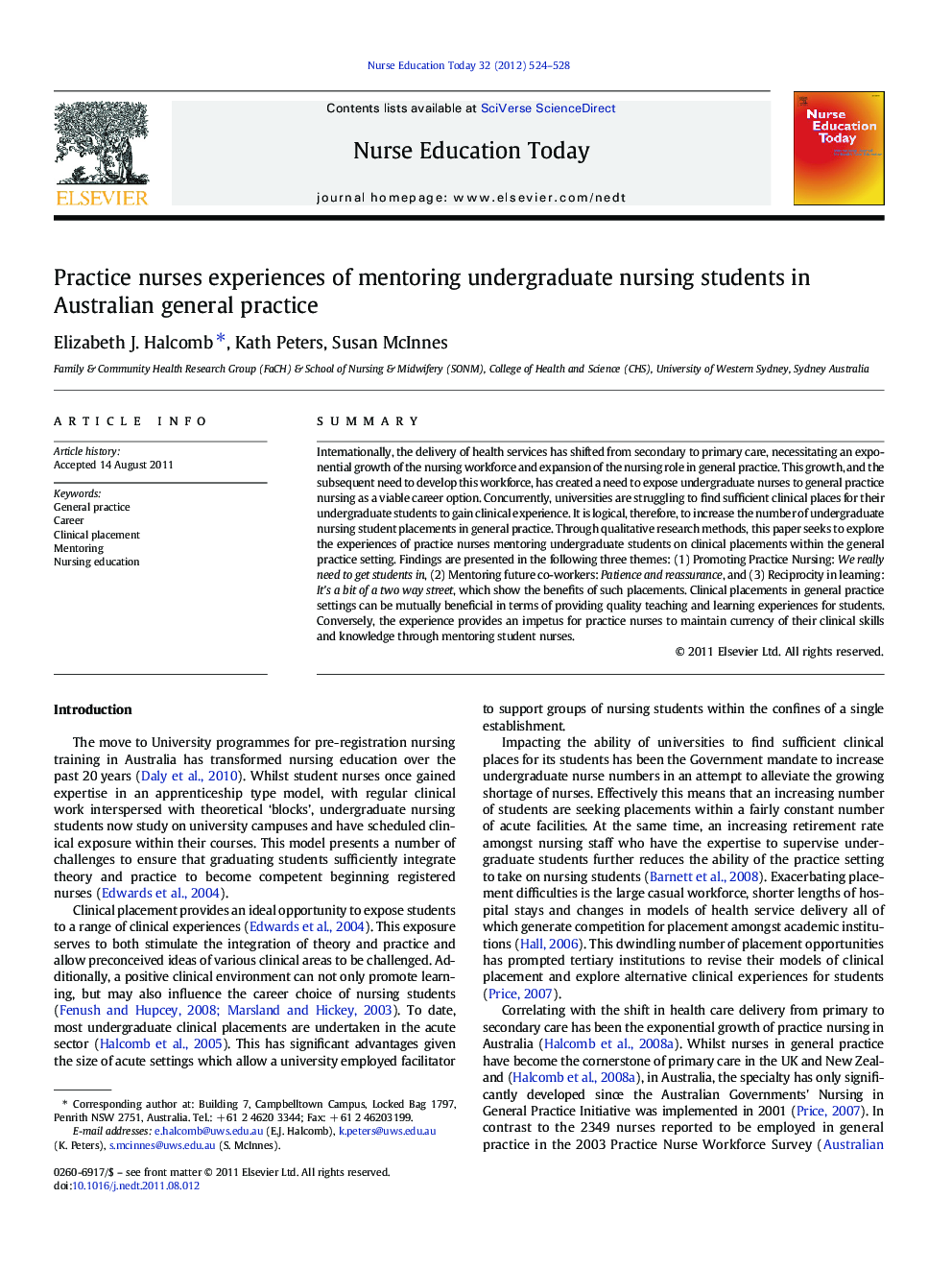 Practice nurses experiences of mentoring undergraduate nursing students in Australian general practice