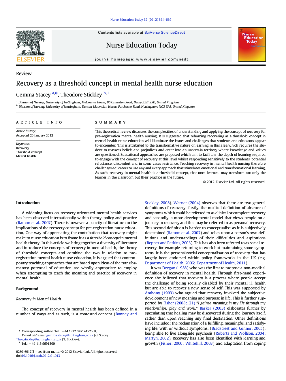 Recovery as a threshold concept in mental health nurse education