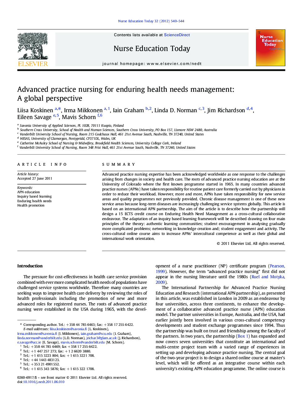 Advanced practice nursing for enduring health needs management: A global perspective